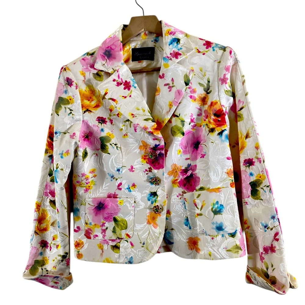 Summer Floral Blazer Jeweled Buttons Sz 8  See Listing Measurements ☮️